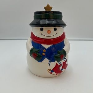 Allure 1998 Vintage Snowman Cookie Jar Hand Painted Ceramic